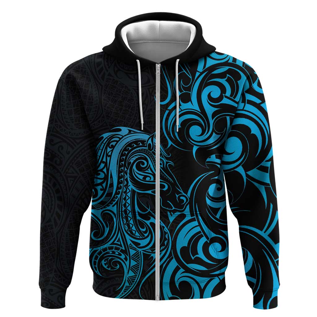 Blue Aoteara Horse Racing Zip Hoodie NZ Maori Pattern