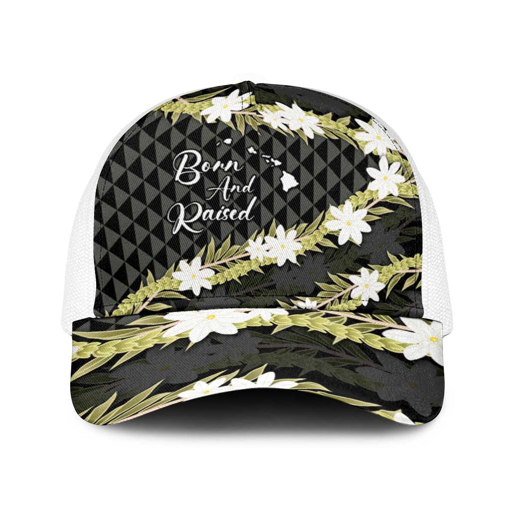 Born And Raised Aloha Hawaii Baseball Net Cap Kanaka Kakau Hawaiian Tiare Pakalana Lei LT14 One Size White Black - Polynesian Pride