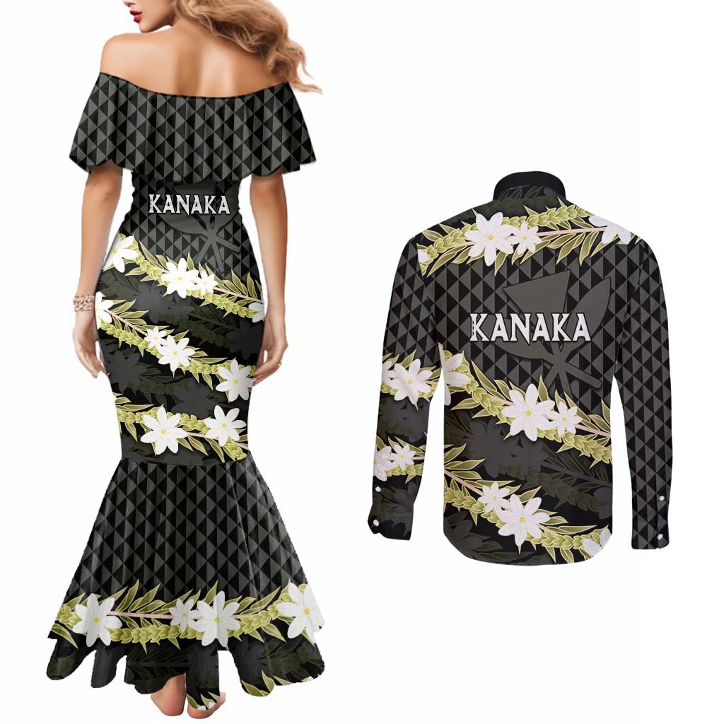 Born And Raised Aloha Hawaii Couples Matching Mermaid Dress and Long Sleeve Button Shirt Kanaka Kakau Hawaiian Tiare Pakalana Lei - Polynesian Pride