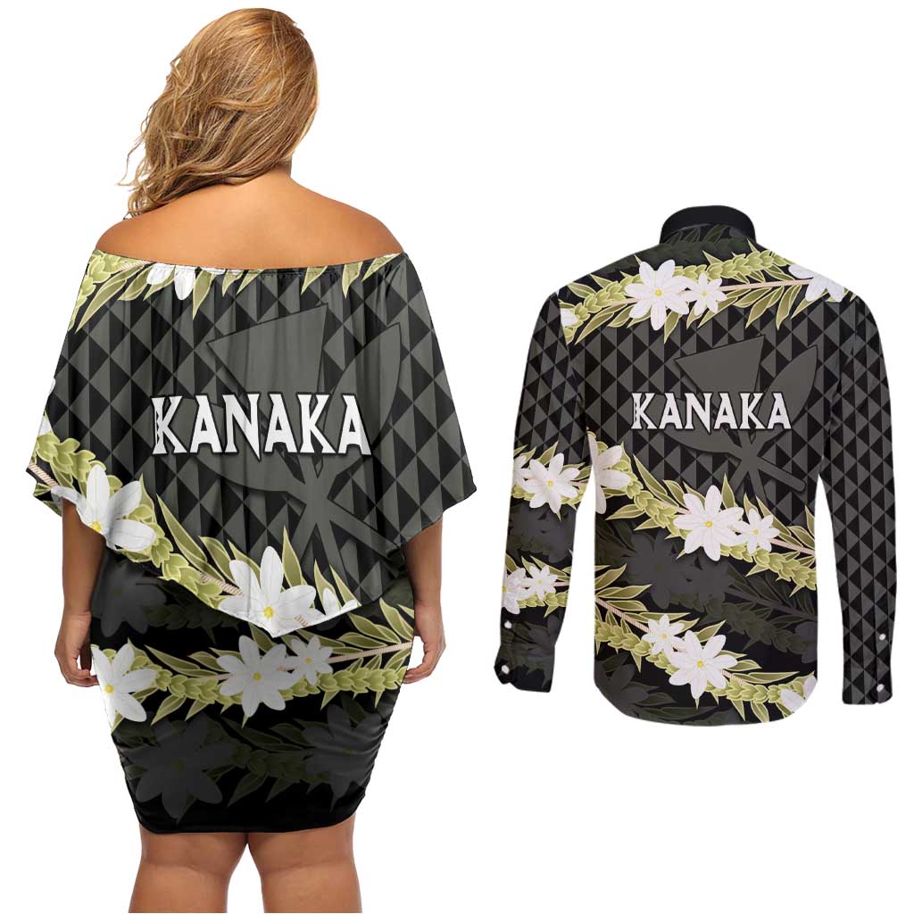 Born And Raised Aloha Hawaii Couples Matching Off Shoulder Short Dress and Long Sleeve Button Shirt Kanaka Kakau Hawaiian Tiare Pakalana Lei - Polynesian Pride