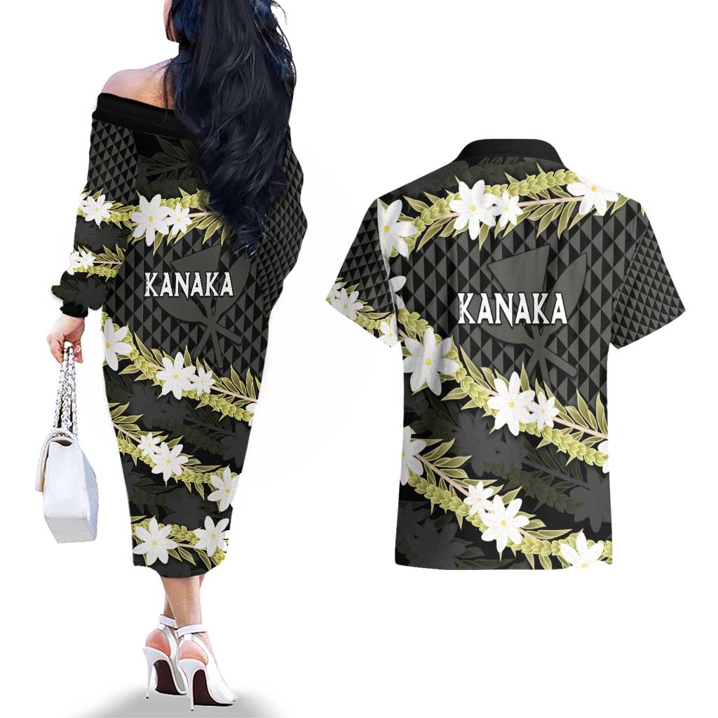 Born And Raised Aloha Hawaii Couples Matching Off The Shoulder Long Sleeve Dress and Hawaiian Shirt Kanaka Kakau Hawaiian Tiare Pakalana Lei - Polynesian Pride