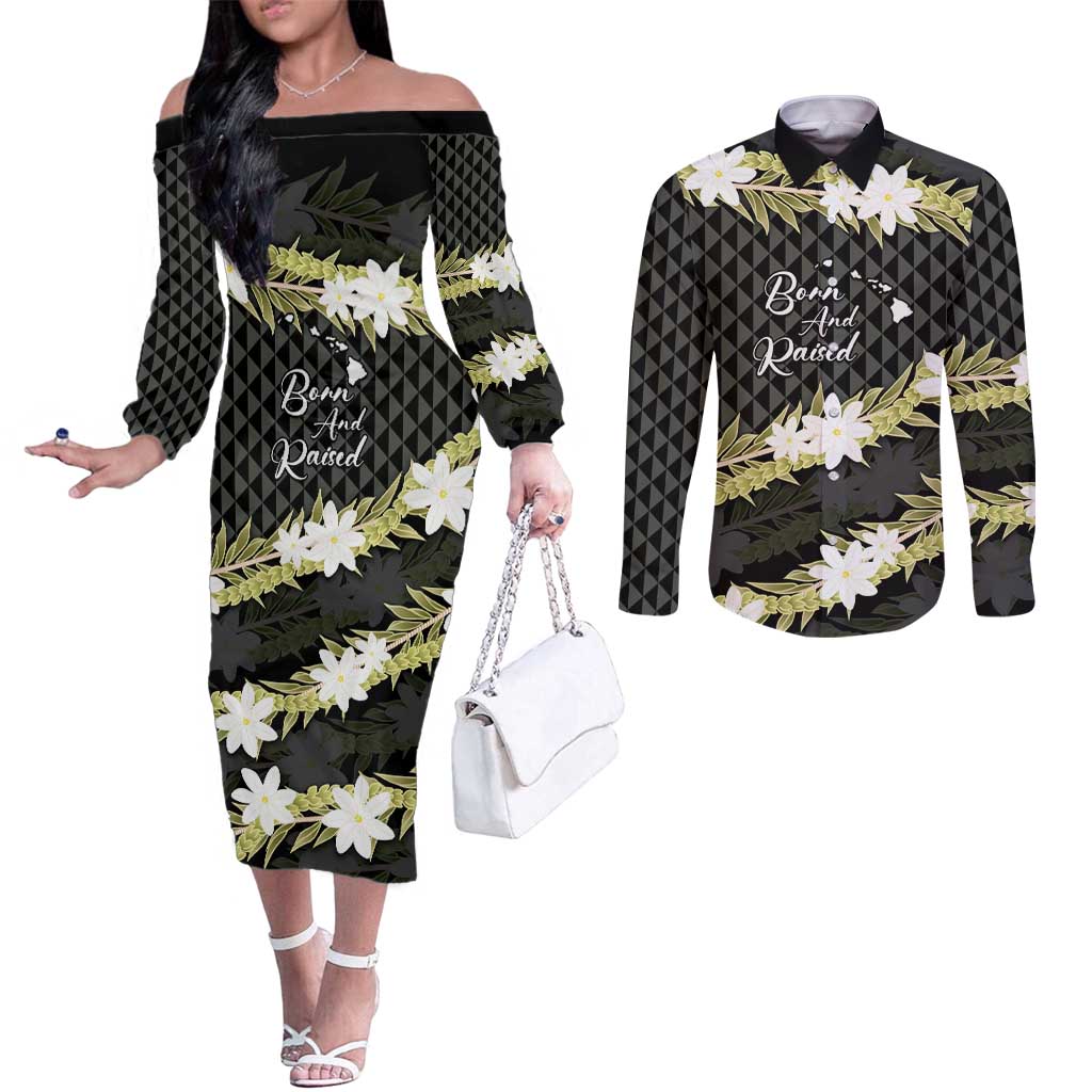 Born And Raised Aloha Hawaii Couples Matching Off The Shoulder Long Sleeve Dress and Long Sleeve Button Shirt Kanaka Kakau Hawaiian Tiare Pakalana Lei - Polynesian Pride
