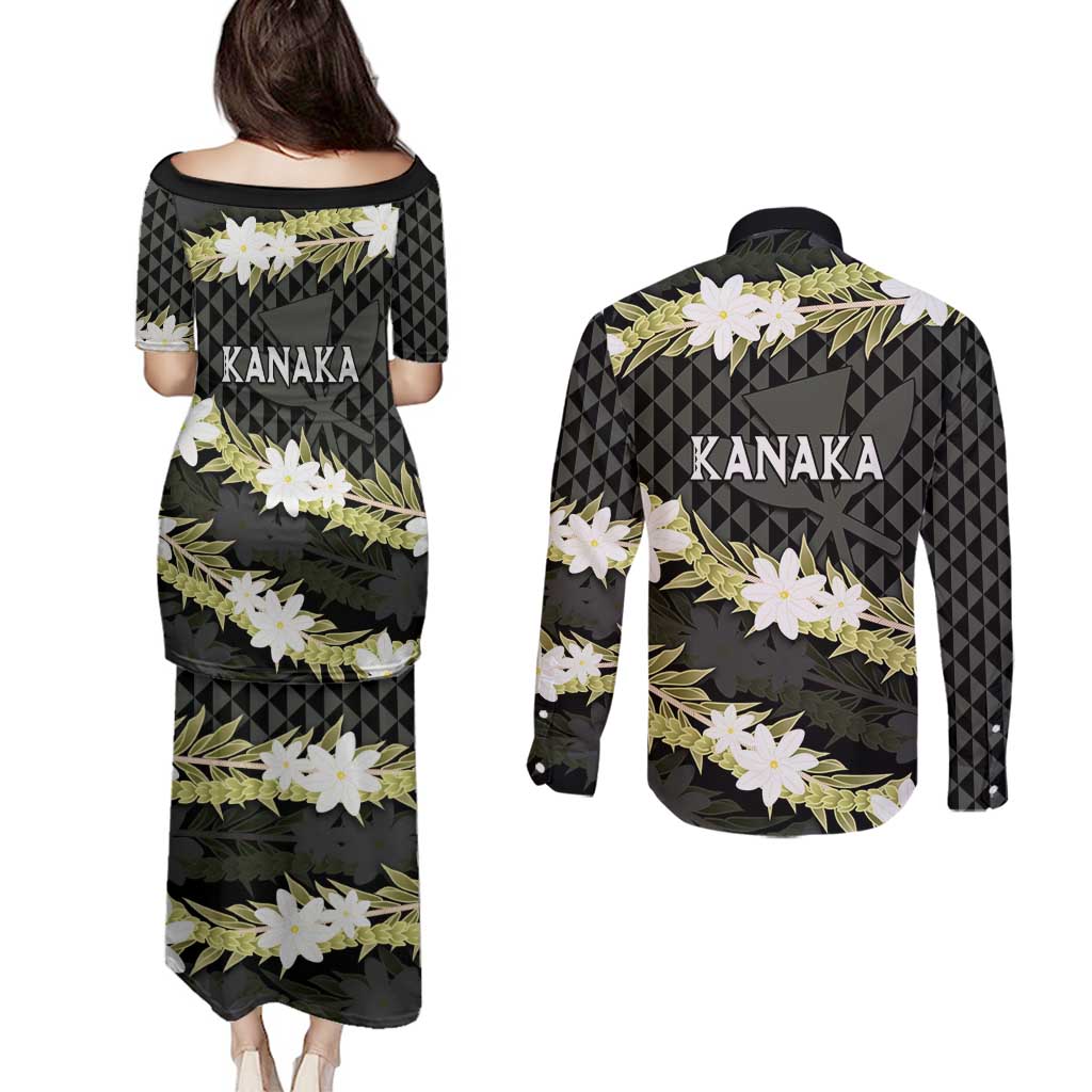 Born And Raised Aloha Hawaii Couples Matching Puletasi and Long Sleeve Button Shirt Kanaka Kakau Hawaiian Tiare Pakalana Lei - Polynesian Pride