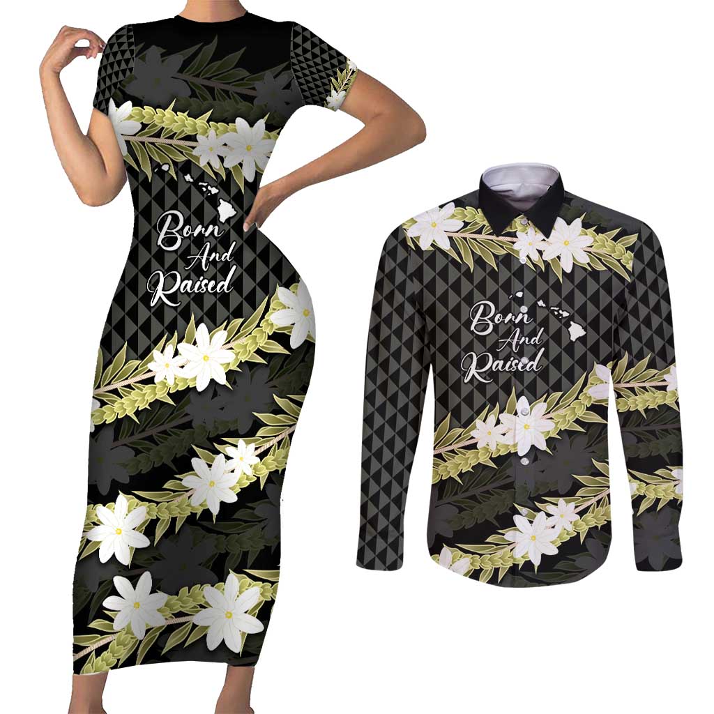 Born And Raised Aloha Hawaii Couples Matching Short Sleeve Bodycon Dress and Long Sleeve Button Shirt Kanaka Kakau Hawaiian Tiare Pakalana Lei - Polynesian Pride