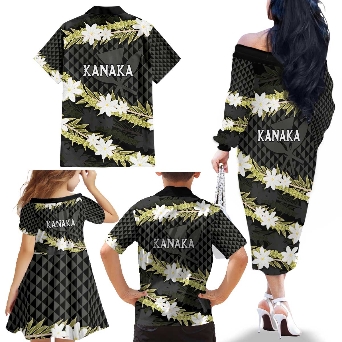 Born And Raised Aloha Hawaii Family Matching Off The Shoulder Long Sleeve Dress and Hawaiian Shirt Kanaka Kakau Hawaiian Tiare Pakalana Lei - Polynesian Pride