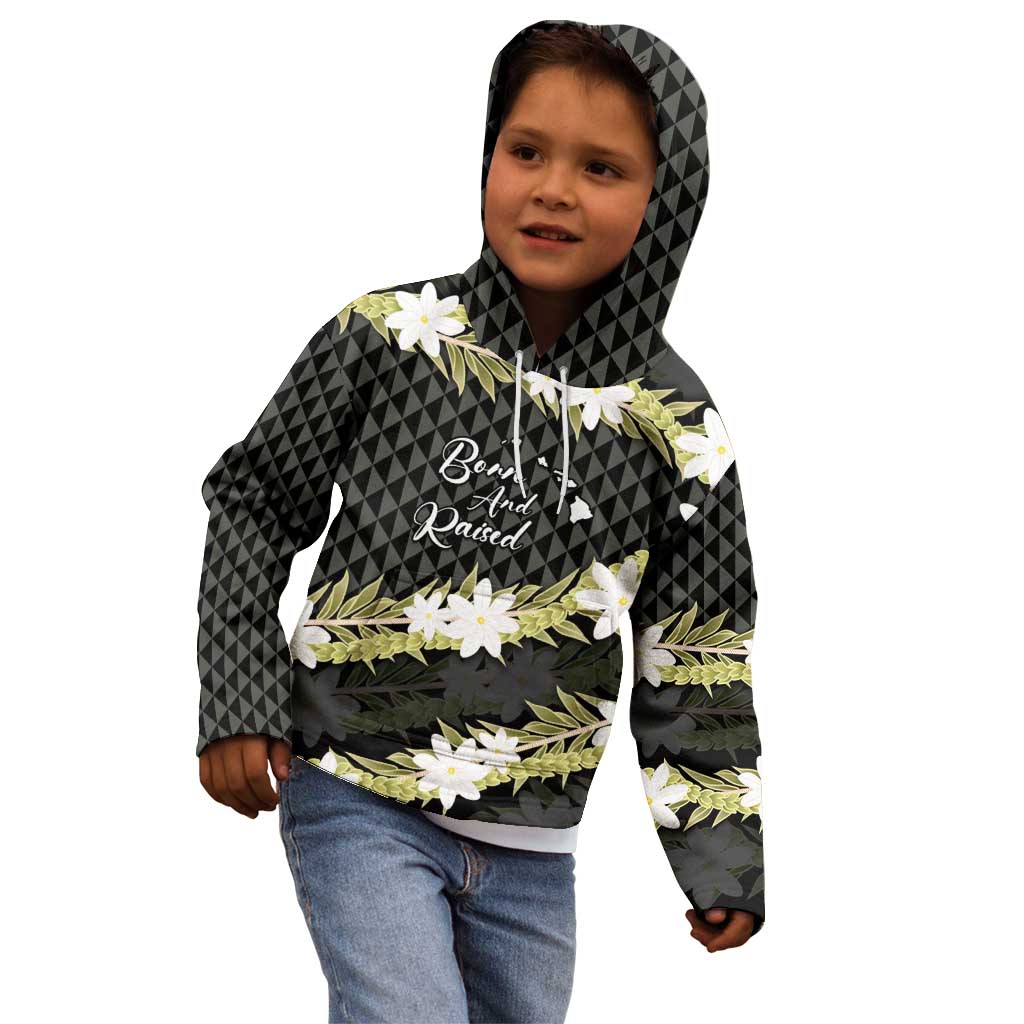 Born And Raised Aloha Hawaii Kid Hoodie Kanaka Kakau Hawaiian Tiare Pakalana Lei - Polynesian Pride