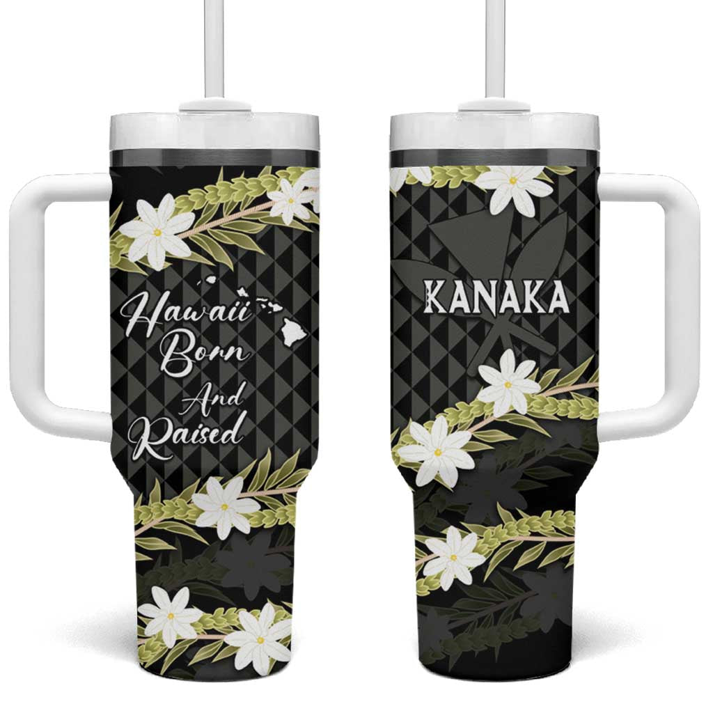 Born And Raised Aloha Hawaii Tumbler With Handle Kanaka Kakau Hawaiian Tiare Pakalana Lei - Polynesian Pride