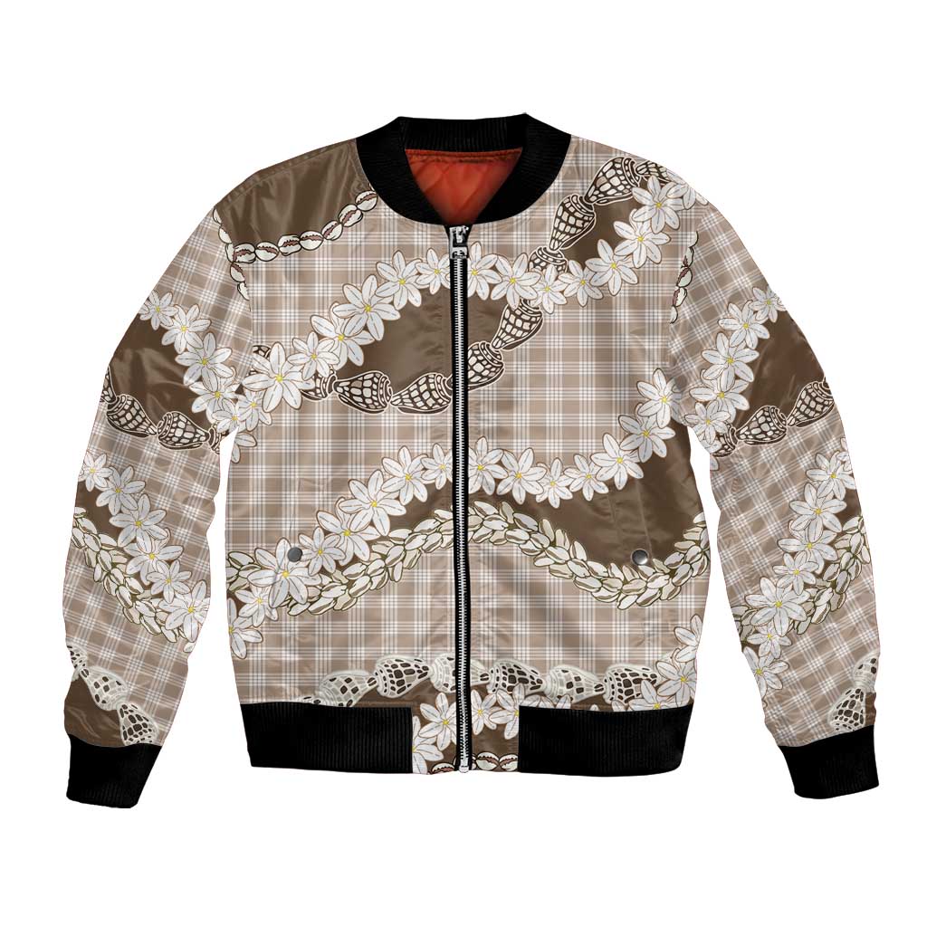 Brown Hawaii Tiare and Shell Lei Bomber Jacket Hawaiian Palaka Luxury Vibes - Polynesian Pride