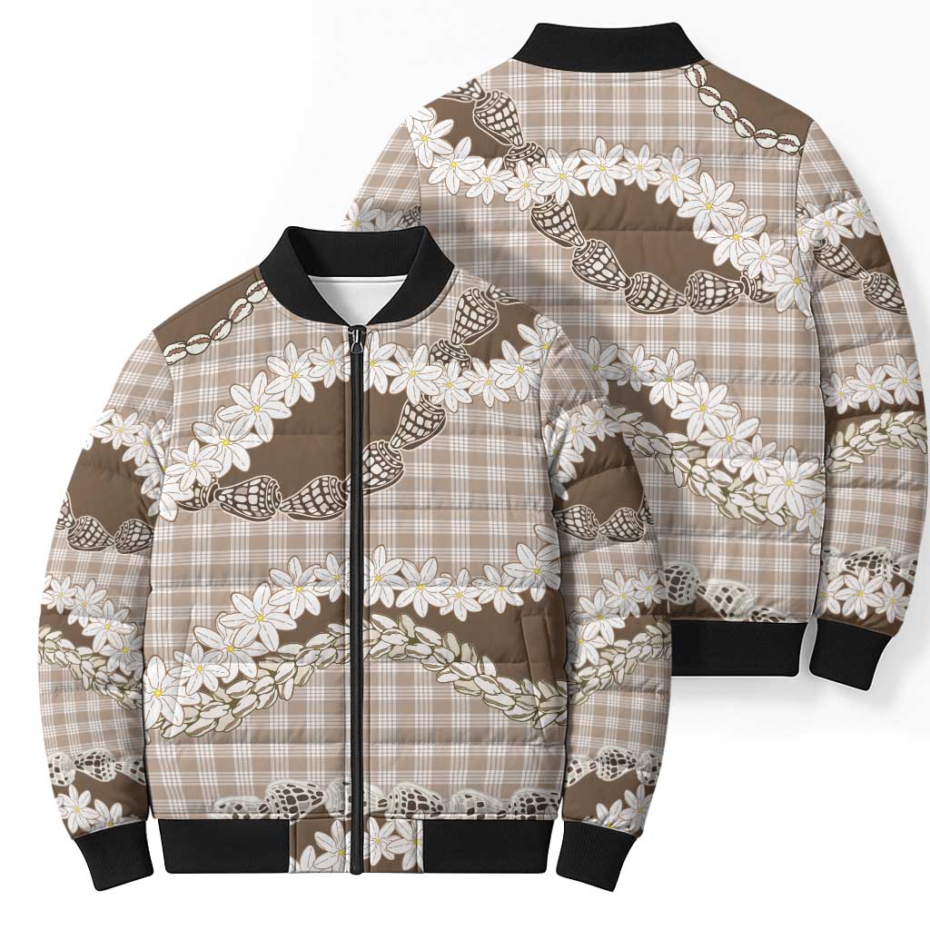 Brown Hawaii Tiare and Shell Lei Bomber Puffer Jacket Hawaiian Palaka Luxury Vibes LT14 - Polynesian Pride