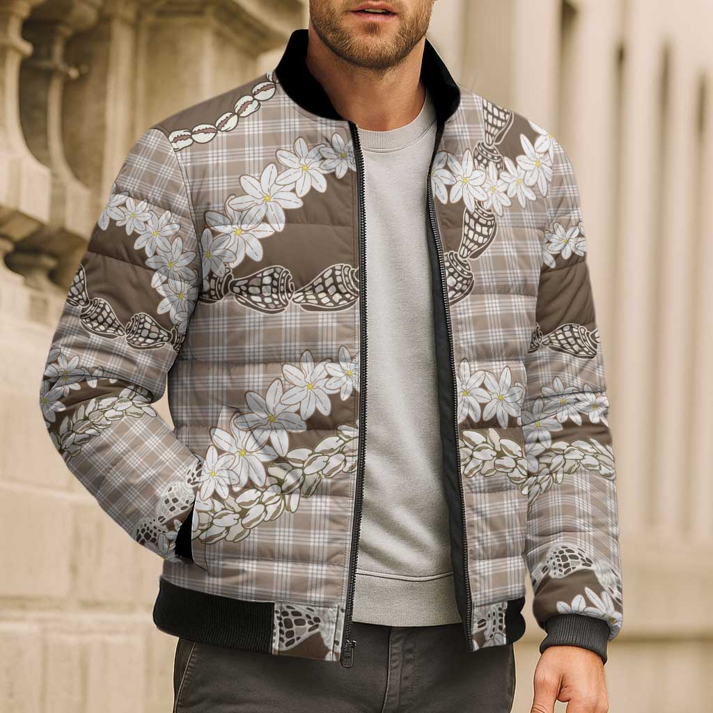 Brown Hawaii Tiare and Shell Lei Bomber Puffer Jacket Hawaiian Palaka Luxury Vibes LT14 - Polynesian Pride