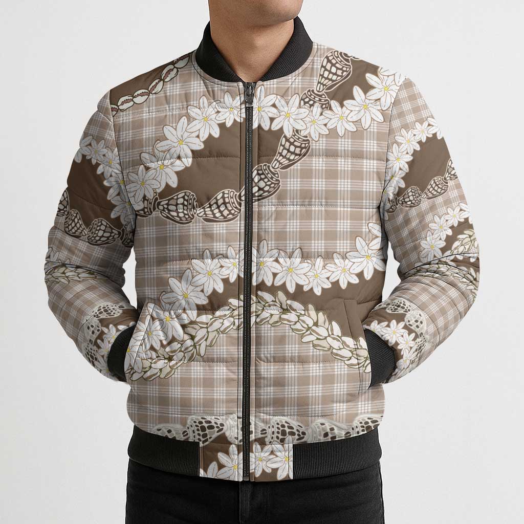 Brown Hawaii Tiare and Shell Lei Bomber Puffer Jacket Hawaiian Palaka Luxury Vibes LT14 - Polynesian Pride