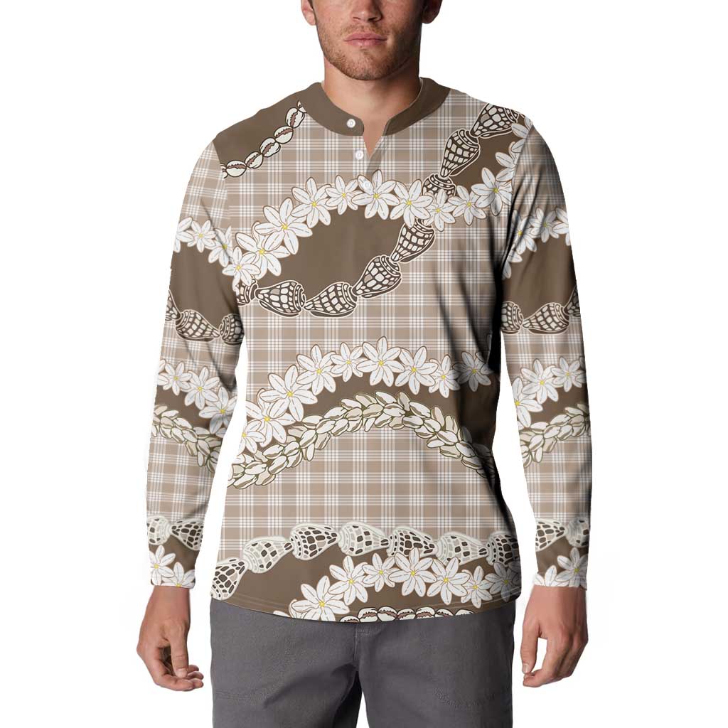 Brown Hawaii Tiare and Shell Lei Button Sweatshirt Hawaiian Palaka Luxury Vibes - Polynesian Pride