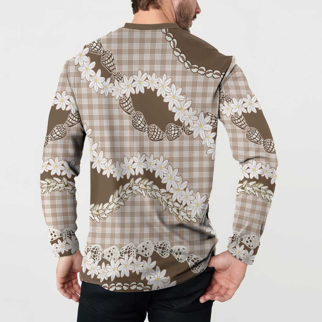 Brown Hawaii Tiare and Shell Lei Button Sweatshirt Hawaiian Palaka Luxury Vibes - Polynesian Pride
