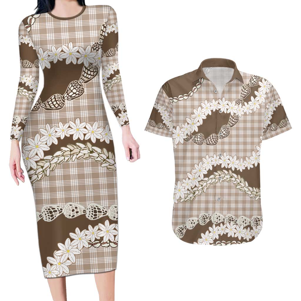 Brown Hawaii Tiare and Shell Lei Couples Matching Long Sleeve Bodycon Dress and Hawaiian Shirt Hawaiian Palaka Luxury Vibes - Polynesian Pride