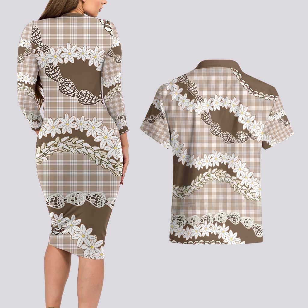 Brown Hawaii Tiare and Shell Lei Couples Matching Long Sleeve Bodycon Dress and Hawaiian Shirt Hawaiian Palaka Luxury Vibes - Polynesian Pride