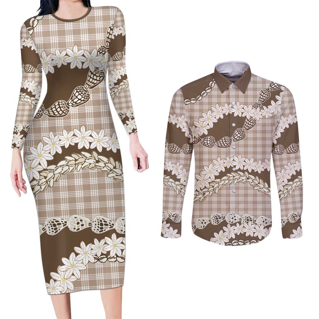 Brown Hawaii Tiare and Shell Lei Couples Matching Long Sleeve Bodycon Dress and Long Sleeve Button Shirt Hawaiian Palaka Luxury Vibes - Polynesian Pride