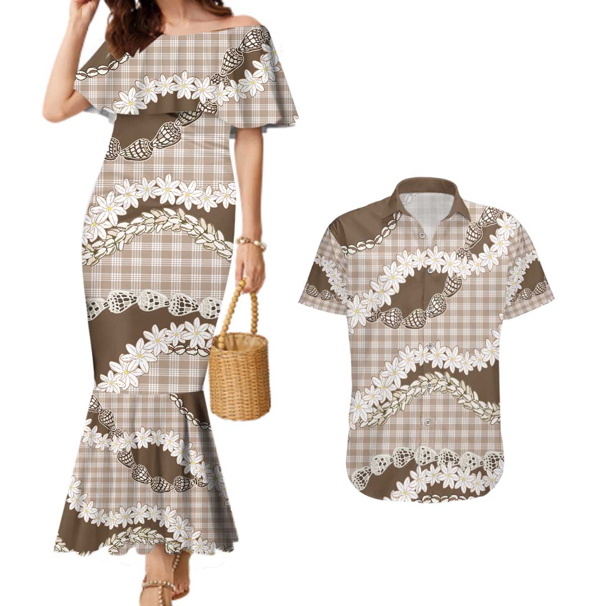 Brown Hawaii Tiare and Shell Lei Couples Matching Mermaid Dress and Hawaiian Shirt Hawaiian Palaka Luxury Vibes - Polynesian Pride