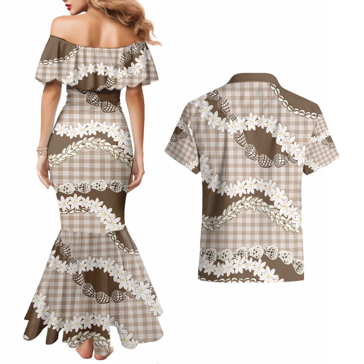 Brown Hawaii Tiare and Shell Lei Couples Matching Mermaid Dress and Hawaiian Shirt Hawaiian Palaka Luxury Vibes - Polynesian Pride