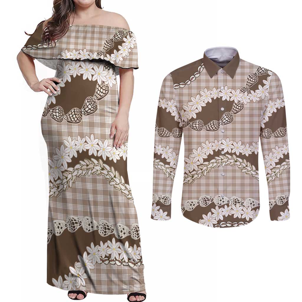 Brown Hawaii Tiare and Shell Lei Couples Matching Off Shoulder Maxi Dress and Long Sleeve Button Shirt Hawaiian Palaka Luxury Vibes - Polynesian Pride