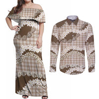 Brown Hawaii Tiare and Shell Lei Couples Matching Off Shoulder Maxi Dress and Long Sleeve Button Shirt Hawaiian Palaka Luxury Vibes - Polynesian Pride