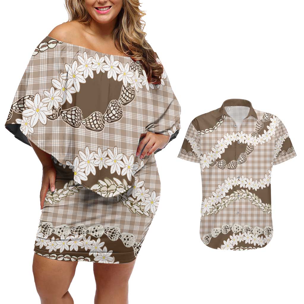 Brown Hawaii Tiare and Shell Lei Couples Matching Off Shoulder Short Dress and Hawaiian Shirt Hawaiian Palaka Luxury Vibes - Polynesian Pride