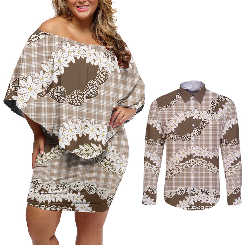 Brown Hawaii Tiare and Shell Lei Couples Matching Off Shoulder Short Dress and Long Sleeve Button Shirt Hawaiian Palaka Luxury Vibes - Polynesian Pride