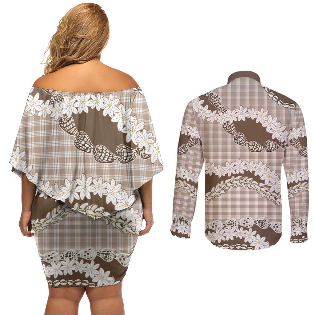 Brown Hawaii Tiare and Shell Lei Couples Matching Off Shoulder Short Dress and Long Sleeve Button Shirt Hawaiian Palaka Luxury Vibes - Polynesian Pride