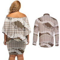 Brown Hawaii Tiare and Shell Lei Couples Matching Off Shoulder Short Dress and Long Sleeve Button Shirt Hawaiian Palaka Luxury Vibes - Polynesian Pride