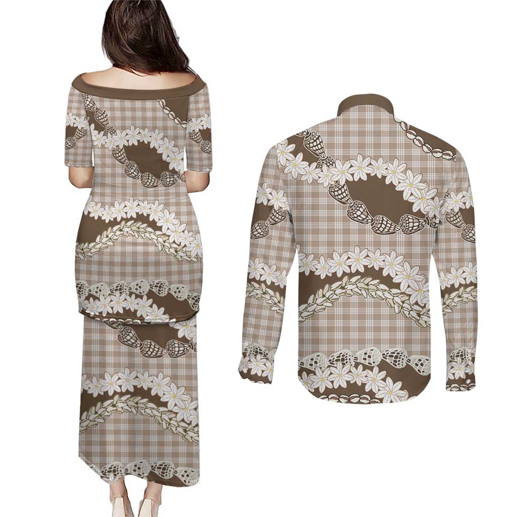 Brown Hawaii Tiare and Shell Lei Couples Matching Puletasi and Long Sleeve Button Shirt Hawaiian Palaka Luxury Vibes LT14 - Polynesian Pride