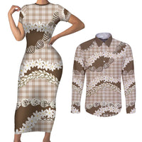 Brown Hawaii Tiare and Shell Lei Couples Matching Short Sleeve Bodycon Dress and Long Sleeve Button Shirt Hawaiian Palaka Luxury Vibes - Polynesian Pride