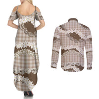 Brown Hawaii Tiare and Shell Lei Couples Matching Summer Maxi Dress and Long Sleeve Button Shirt Hawaiian Palaka Luxury Vibes - Polynesian Pride
