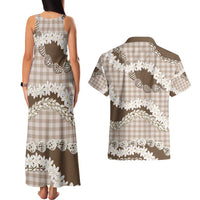 Brown Hawaii Tiare and Shell Lei Couples Matching Tank Maxi Dress and Hawaiian Shirt Hawaiian Palaka Luxury Vibes - Polynesian Pride
