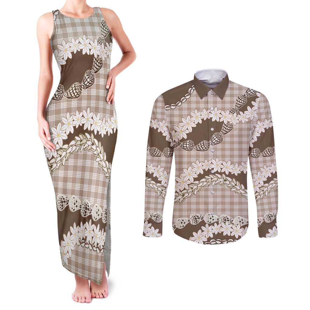 Brown Hawaii Tiare and Shell Lei Couples Matching Tank Maxi Dress and Long Sleeve Button Shirt Hawaiian Palaka Luxury Vibes - Polynesian Pride