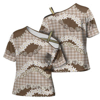 Brown Hawaii Tiare and Shell Lei Cross Shoulder Shirt Hawaiian Palaka Luxury Vibes LT14 - Polynesian Pride