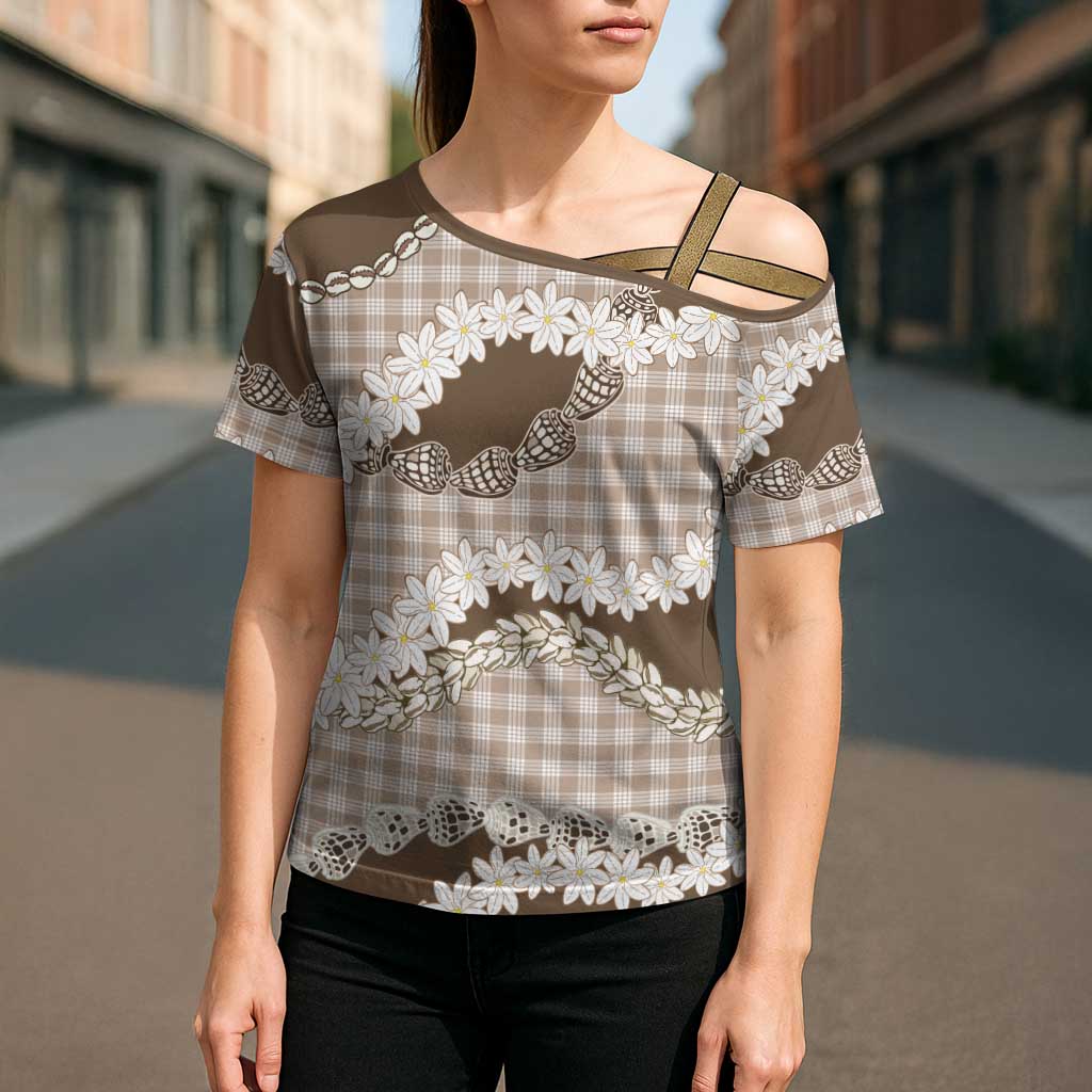 Brown Hawaii Tiare and Shell Lei Cross Shoulder Shirt Hawaiian Palaka Luxury Vibes LT14 - Polynesian Pride