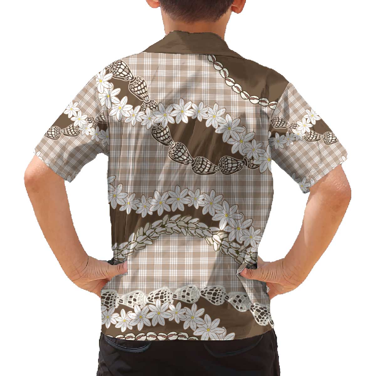 Brown Hawaii Tiare and Shell Lei Family Matching Off The Shoulder Long Sleeve Dress and Hawaiian Shirt Hawaiian Palaka Luxury Vibes - Polynesian Pride