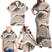 Brown Hawaii Tiare and Shell Lei Family Matching Off Shoulder Maxi Dress and Hawaiian Shirt Hawaiian Palaka Luxury Vibes - Polynesian Pride