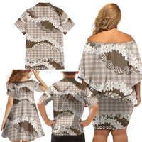 Brown Hawaii Tiare and Shell Lei Family Matching Off Shoulder Short Dress and Hawaiian Shirt Hawaiian Palaka Luxury Vibes - Polynesian Pride