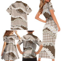 Brown Hawaii Tiare and Shell Lei Family Matching Short Sleeve Bodycon Dress and Hawaiian Shirt Hawaiian Palaka Luxury Vibes - Polynesian Pride