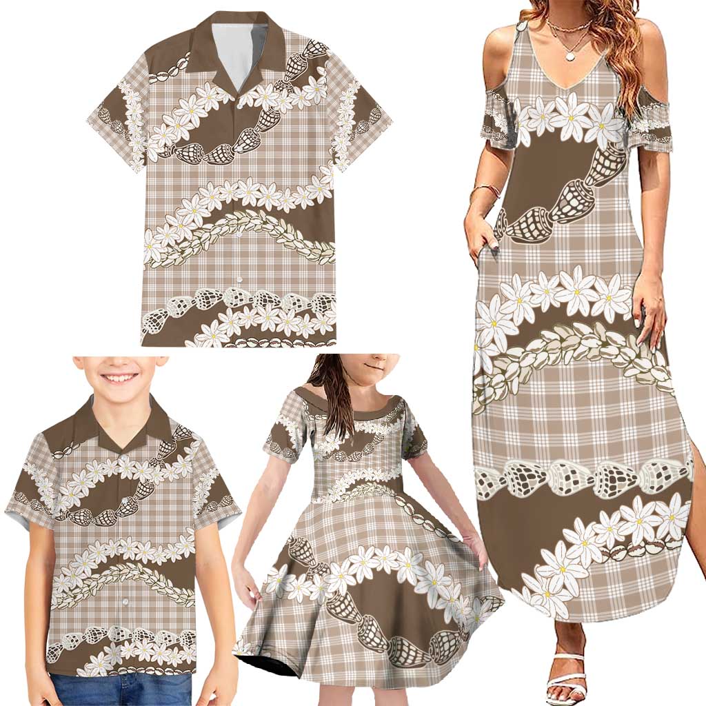 Brown Hawaii Tiare and Shell Lei Family Matching Summer Maxi Dress and Hawaiian Shirt Hawaiian Palaka Luxury Vibes - Polynesian Pride