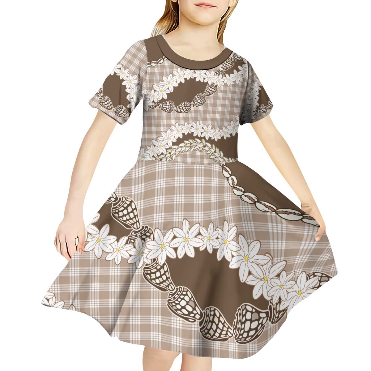 Brown Hawaii Tiare and Shell Lei Kid Short Sleeve Dress Hawaiian Palaka Luxury Vibes - Polynesian Pride