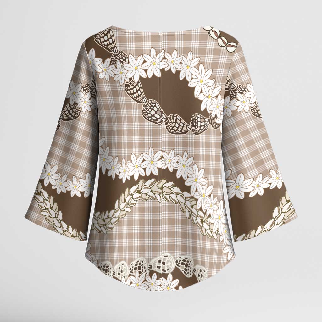Brown Hawaii Tiare and Shell Lei Kimono Sleeve Blouse Hawaiian Palaka Luxury Vibes LT14 - Polynesian Pride