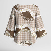 Brown Hawaii Tiare and Shell Lei Kimono Sleeve Blouse Hawaiian Palaka Luxury Vibes LT14 - Polynesian Pride
