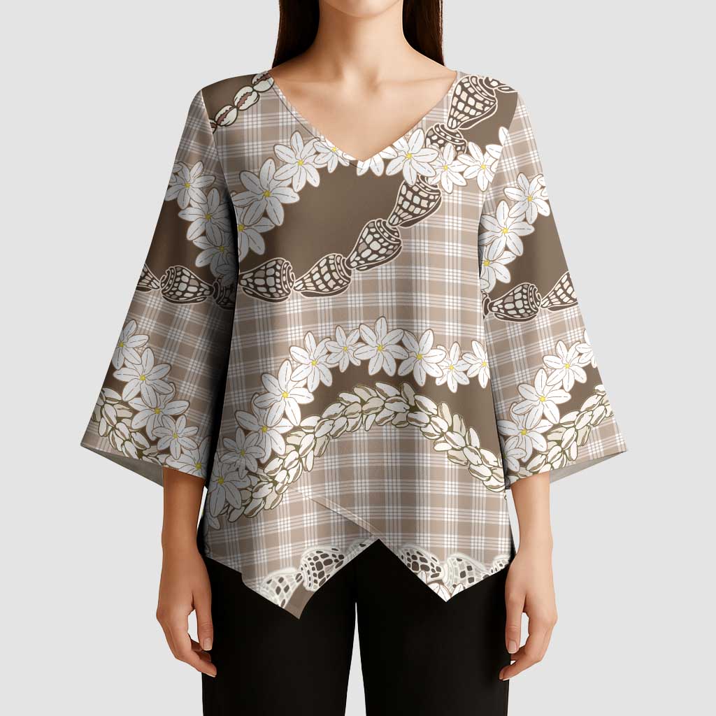 Brown Hawaii Tiare and Shell Lei Kimono Sleeve Blouse Hawaiian Palaka Luxury Vibes LT14 - Polynesian Pride