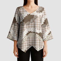 Brown Hawaii Tiare and Shell Lei Kimono Sleeve Blouse Hawaiian Palaka Luxury Vibes LT14 - Polynesian Pride