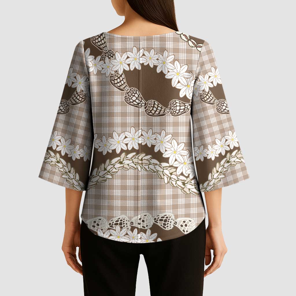Brown Hawaii Tiare and Shell Lei Kimono Sleeve Blouse Hawaiian Palaka Luxury Vibes LT14 - Polynesian Pride
