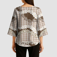 Brown Hawaii Tiare and Shell Lei Kimono Sleeve Blouse Hawaiian Palaka Luxury Vibes LT14 - Polynesian Pride