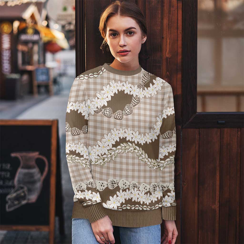 Brown Hawaii Tiare and Shell Lei Ugly Christmas Sweater Hawaiian Palaka Luxury Vibes - Polynesian Pride