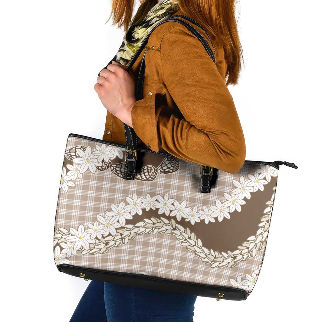 Brown Hawaii Tiare and Shell Lei Leather Tote Bag Hawaiian Palaka Luxury Vibes LT14 Brown - Polynesian Pride