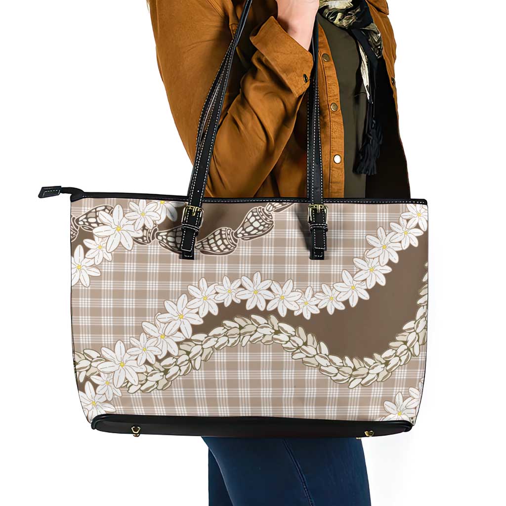 Brown Hawaii Tiare and Shell Lei Leather Tote Bag Hawaiian Palaka Luxury Vibes LT14 - Polynesian Pride